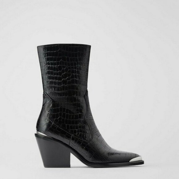 Zara Leather Cowboy Heel Ankle Boots With Metal Trim - Picture 3 of 8